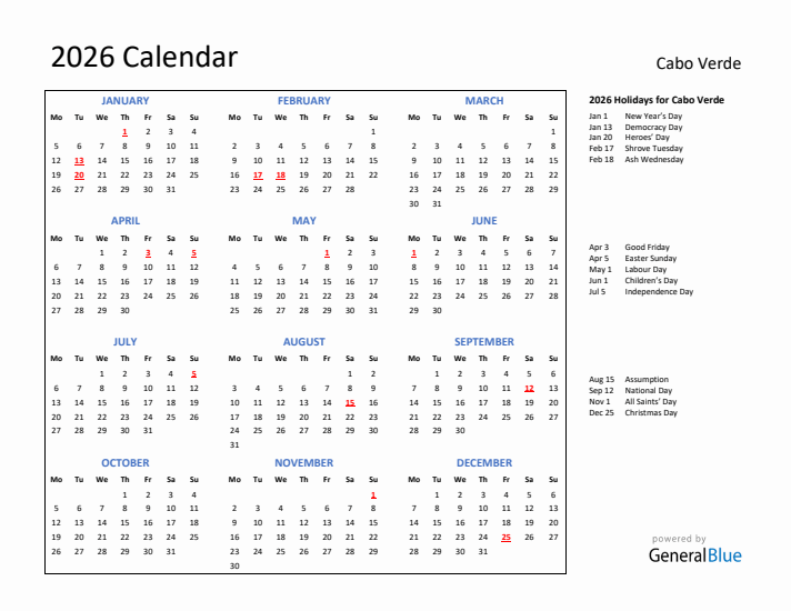 2026 Calendar with Holidays for Cabo Verde