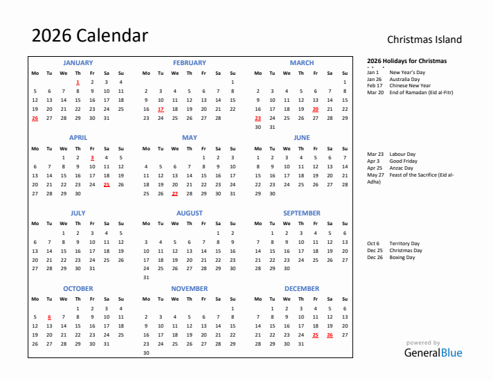 2026 Calendar with Holidays for Christmas Island