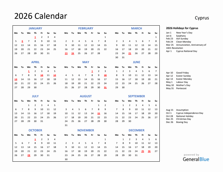 2026 Calendar with Holidays for Cyprus