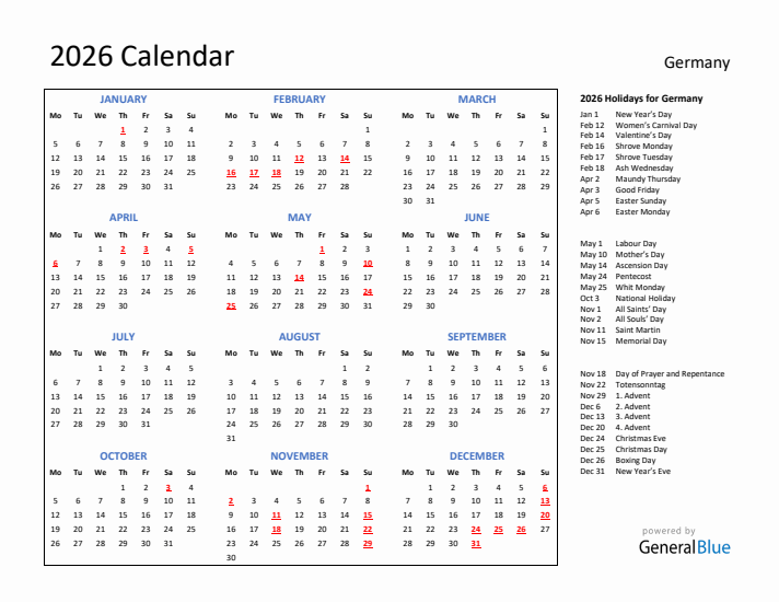 2026 Calendar with Holidays for Germany