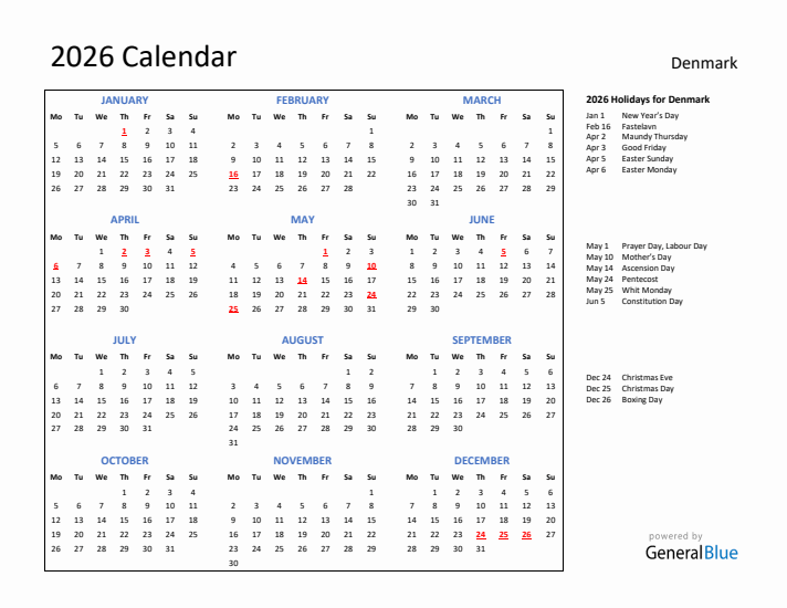 2026 Calendar with Holidays for Denmark
