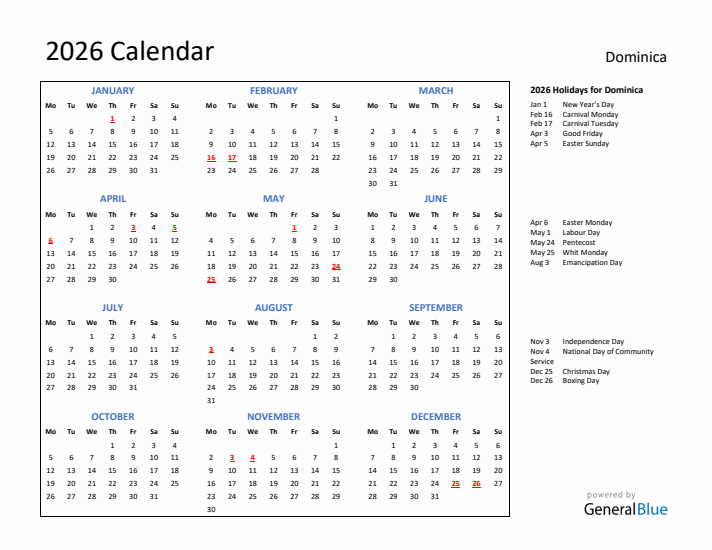 2026 Calendar with Holidays for Dominica