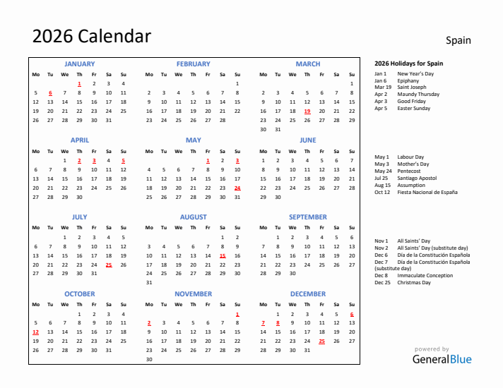 2026 Calendar with Holidays for Spain
