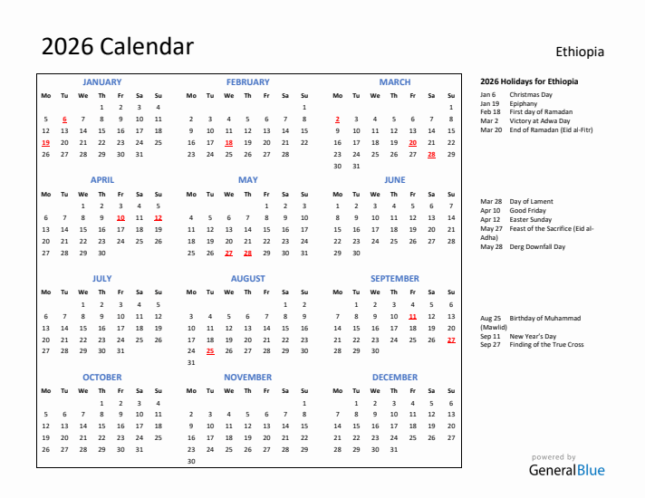2026 Calendar with Holidays for Ethiopia