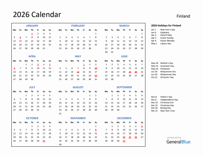 2026 Calendar with Holidays for Finland