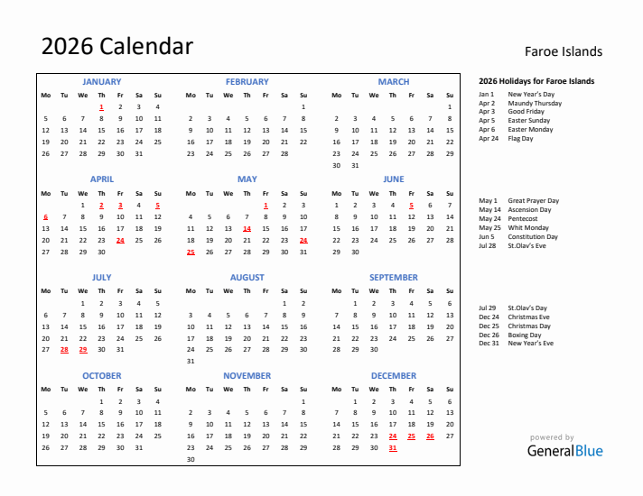 2026 Calendar with Holidays for Faroe Islands