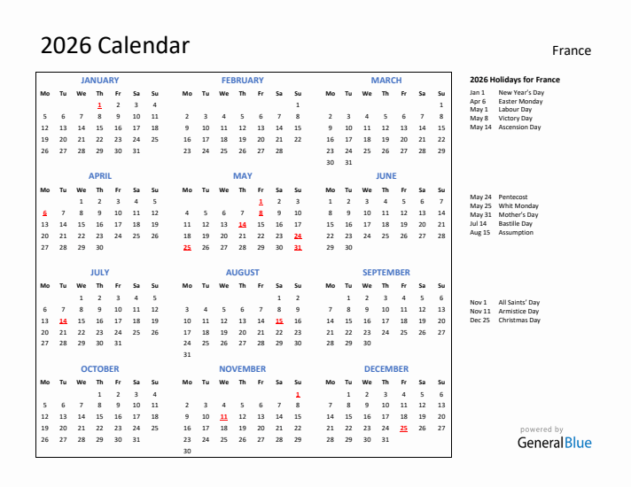 2026 Calendar with Holidays for France