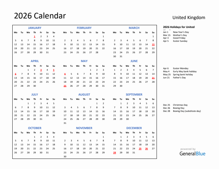 2026 Calendar with Holidays for United Kingdom