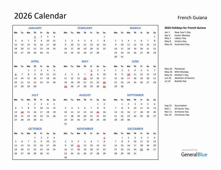 2026 Calendar with Holidays for French Guiana