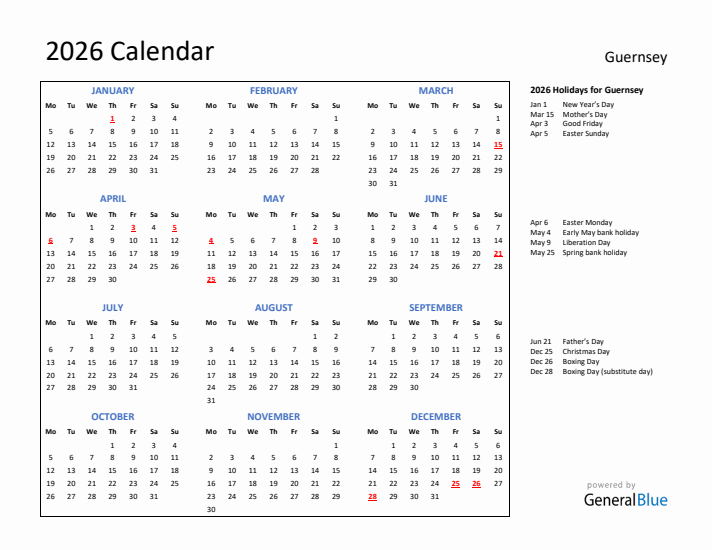 2026 Calendar with Holidays for Guernsey