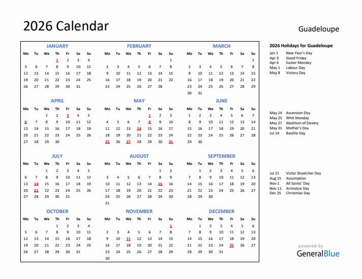 2026 Calendar with Holidays for Guadeloupe