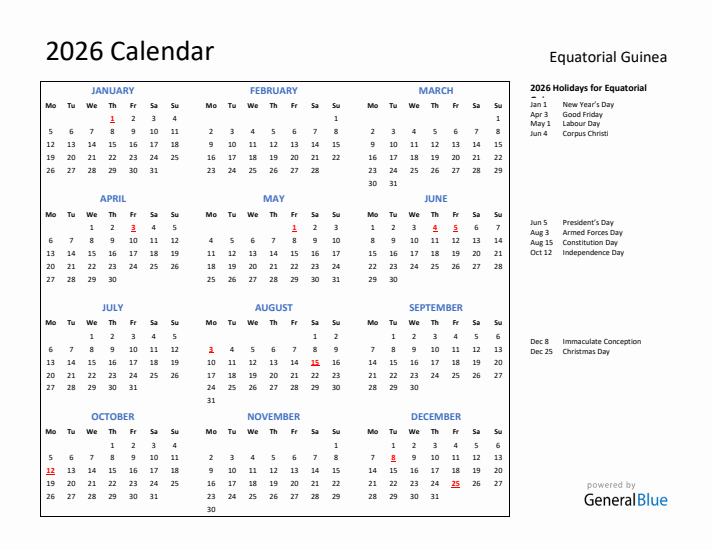 2026 Calendar with Holidays for Equatorial Guinea