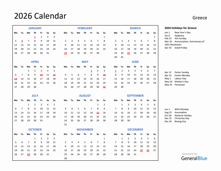 2026 Calendar with Holidays for Greece