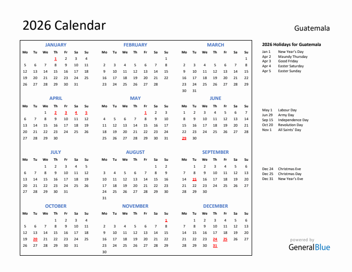 2026 Calendar with Holidays for Guatemala