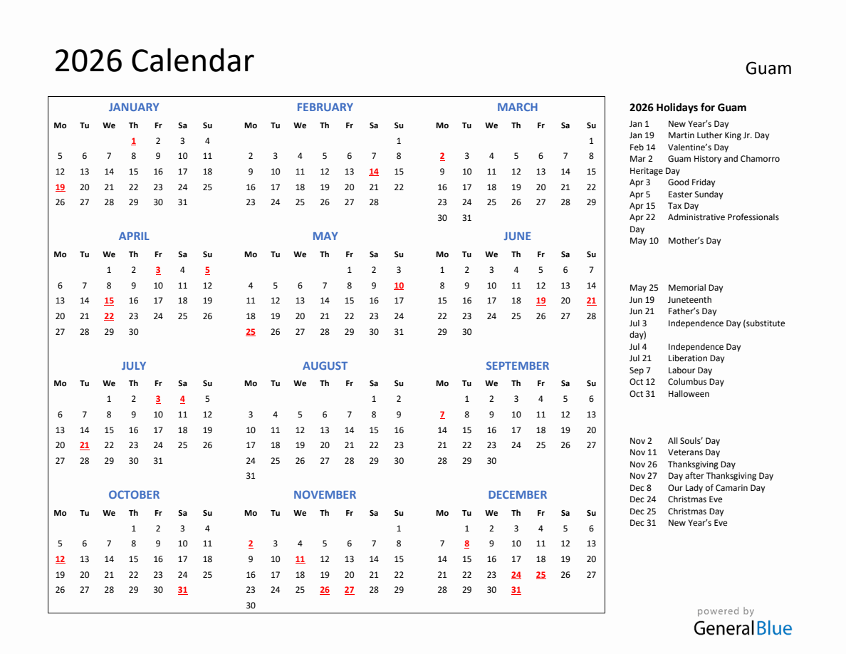 2026 Calendar with Holidays for Guam