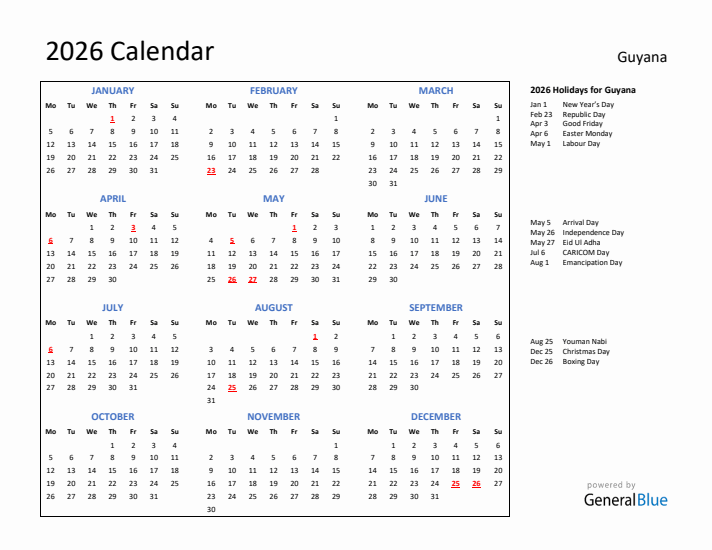 2026 Calendar with Holidays for Guyana