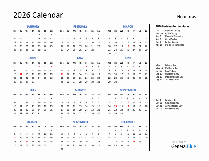2026 Calendar with Holidays for Honduras