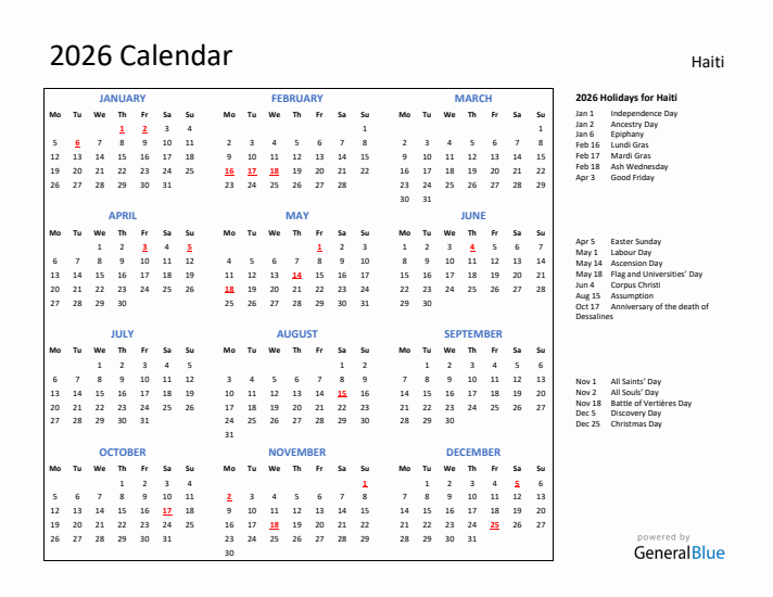 2026 Calendar with Holidays for Haiti