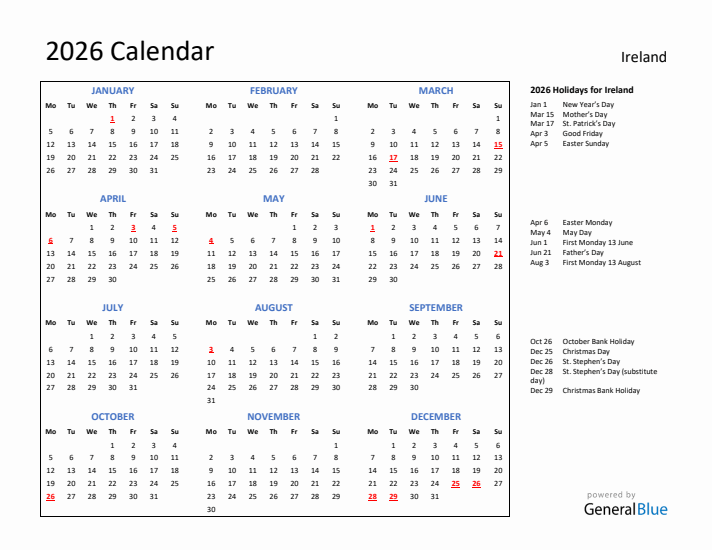 2026 Calendar with Holidays for Ireland