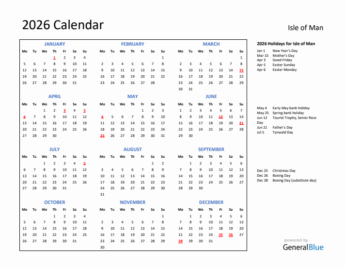 2026 Calendar with Holidays for Isle of Man