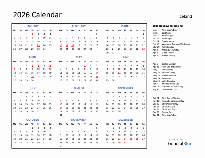 2026 Calendar with Holidays for Iceland