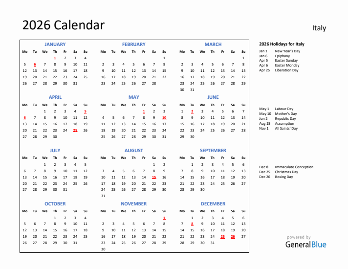 2026 Calendar with Holidays for Italy