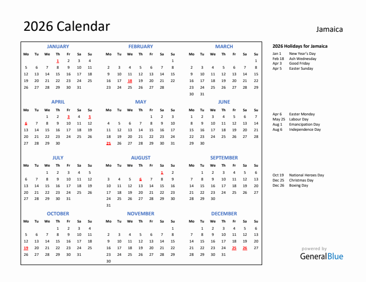 2026 Calendar with Holidays for Jamaica