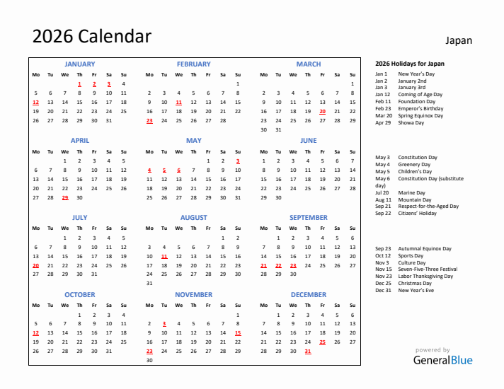 2026 Calendar with Holidays for Japan