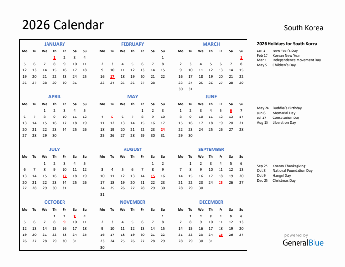 2026 Calendar with Holidays for South Korea