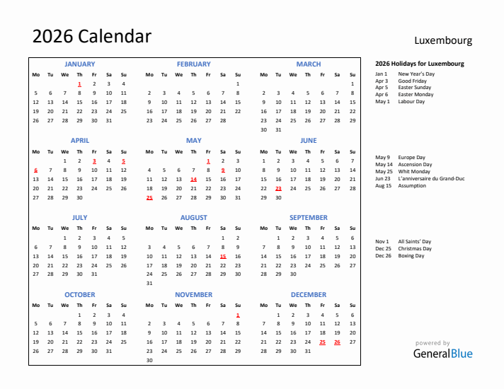 2026 Calendar with Holidays for Luxembourg