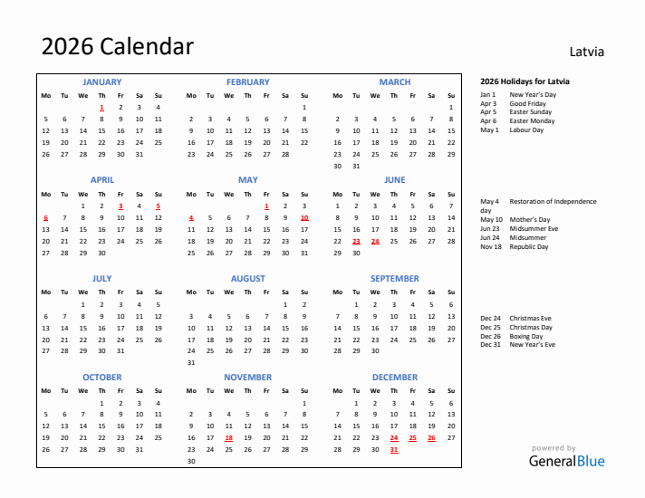2026 Calendar with Holidays for Latvia