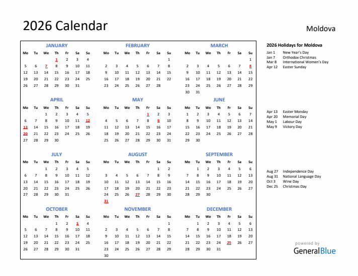2026 Calendar with Holidays for Moldova