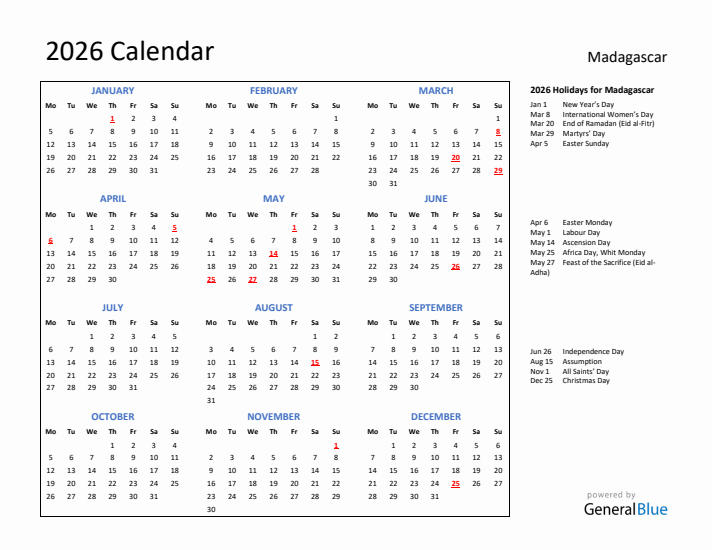 2026 Calendar with Holidays for Madagascar
