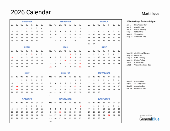 2026 Calendar with Holidays for Martinique