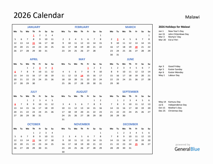 2026 Calendar with Holidays for Malawi