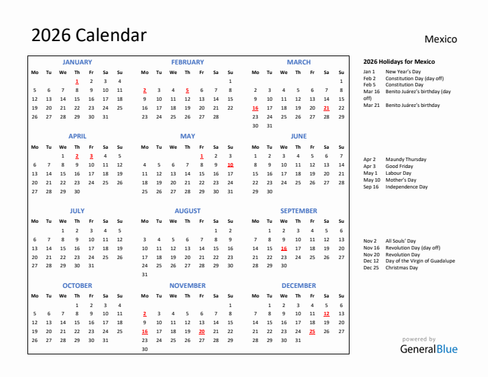 2026 Calendar with Holidays for Mexico