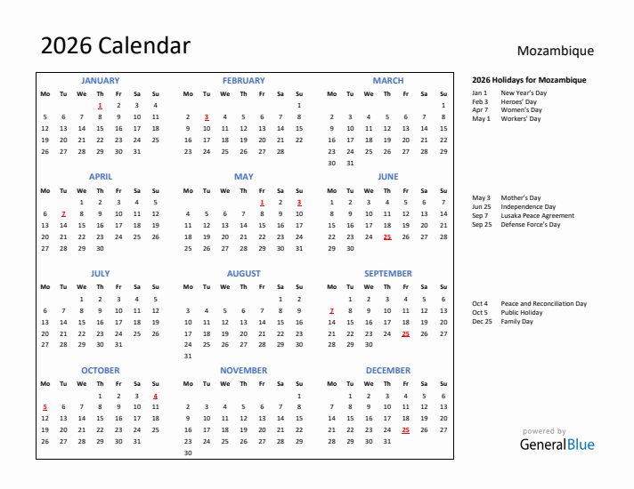 2026 Calendar with Holidays for Mozambique
