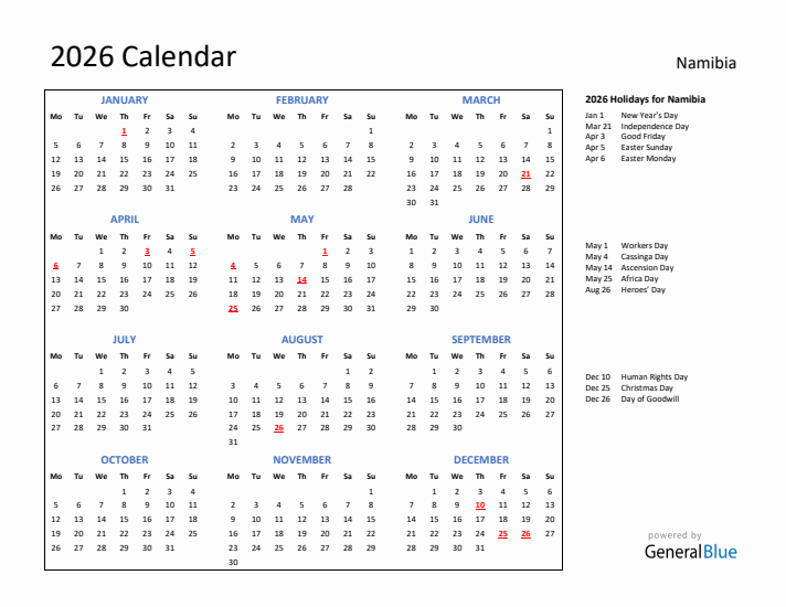 2026 Calendar with Holidays for Namibia