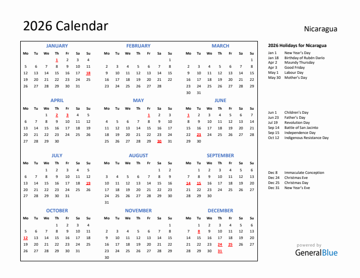 2026 Calendar with Holidays for Nicaragua