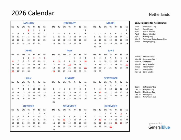 2026 Calendar with Holidays for The Netherlands