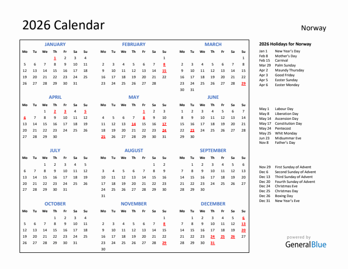 2026 Calendar with Holidays for Norway