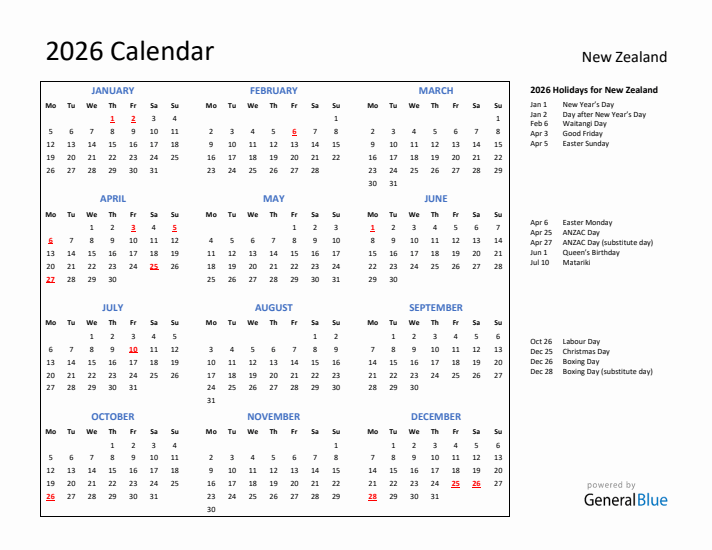 2026 Calendar with Holidays for New Zealand