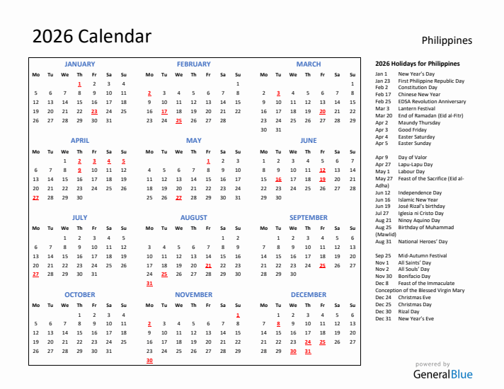2026 Calendar with Holidays for Philippines