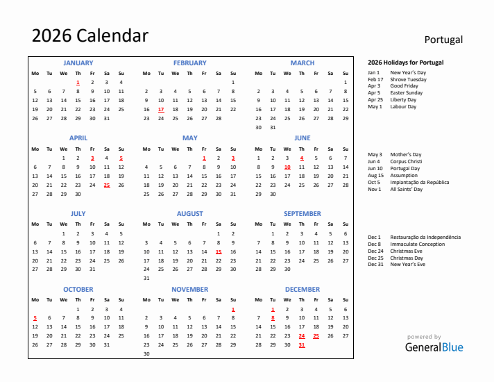 2026 Calendar with Holidays for Portugal
