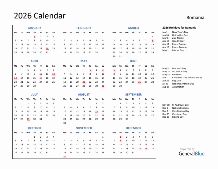 2026 Calendar with Holidays for Romania