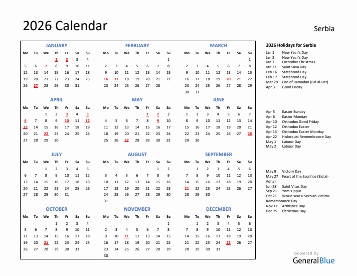 2026 Calendar with Holidays for Serbia