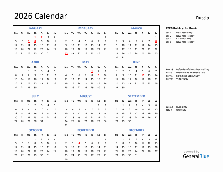 2026 Calendar with Holidays for Russia
