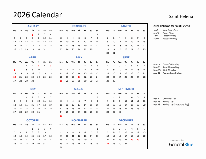 2026 Calendar with Holidays for Saint Helena