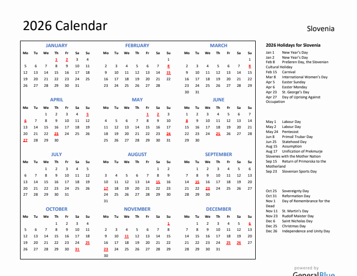 2026 Calendar with Holidays for Slovenia