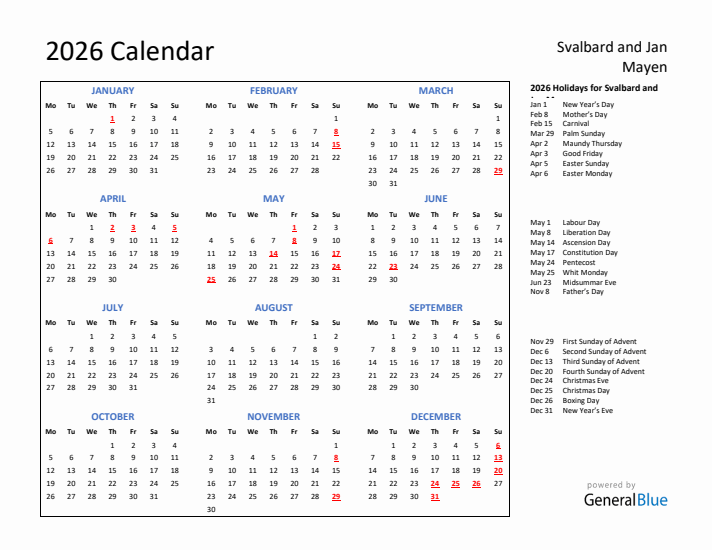 2026 Calendar with Holidays for Svalbard and Jan Mayen